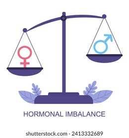 Konzept des hormonellen Ungleichgewichts Vektor. Frauensymbole und männliche Symbole auf Skalen.