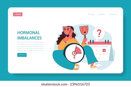 Hormonal imbalances web or landing. Woman evaluates hormonal imbalances using masks, highlighting fluctuating moods with menstrual calendar. Reproductive health awareness. Flat vector illustration