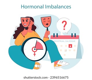 Hormonal imbalances. Woman evaluates hormonal imbalances using masks, highlighting fluctuating moods with menstrual calendar. Reproductive health awareness. Flat vector illustration