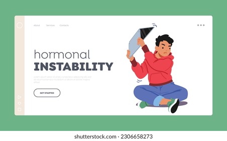 Hormonal Instability Landing Page Template. Boy Character Angrily Breaks Laptop In Frustration, Shattering Screen, Symbolizing Technology-related Stress. Cartoon Vector Illustration