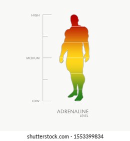 Hormone adrenaline level measuring scale. Health care concept illustration. Muscular man silhouette. From red to green scale.