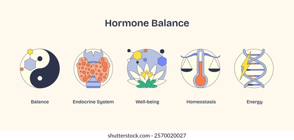 Hormone balance depicted with yin-yang, scales, and DNA helix, symbolizing equilibrium and health. Neubrutalism style