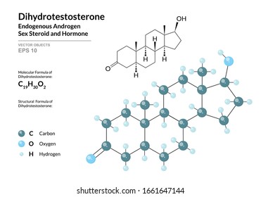 Hormone Dihydrotestosterone. Structural Chemical Formula and Molecule 3d Model. Atoms with Color Coding. Vector Illustration 