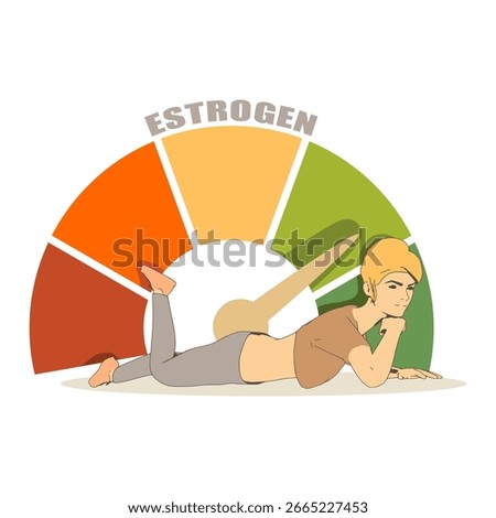 Hormone estrogen level measuring scale. Health care concept illustration. Young woman lying near meter scale