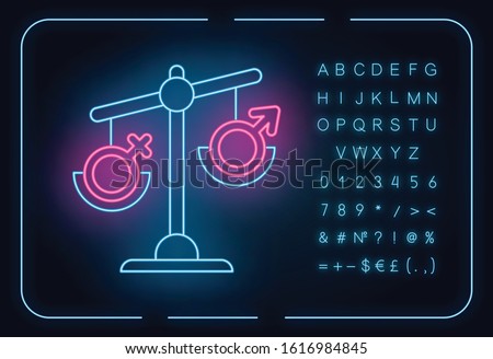Hormone imbalance neon light icon. Female and male gender sign on scale. Disbalance in testosterone and estrogen. Glowing sign with alphabet, numbers and symbols. Vector isolated illustration