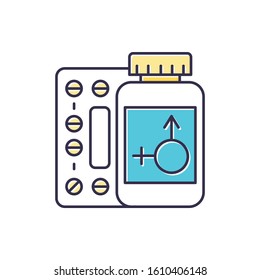 Hormone replacement therapy color icon. Pills for menopause. Medication for female health. Pharmaceutical product in bottle. Drug in container. Medical aid. Isolated vector illustration