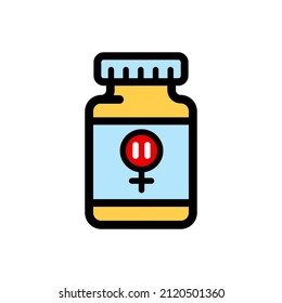 Hormone replacement therapy color icon. Pills for menopause. Medication for female health. Pharmaceutical product in bottle. Drug in container. Medical aid. Vector flat illustration isolated on white.