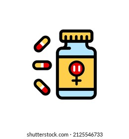 Hormone replacement therapy color icon. Pills for menopause. Medication for female health. Pharmaceutical product in bottle. Drug in container. Medical aid. Vector flat illustration isolated on white.