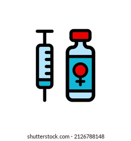 Hormone replacement therapy color icon. Cure for menopause. Medication for female health. Pharmaceutical product in bottle. Drug in container. Medical aid. Vector illustration isolated on white.