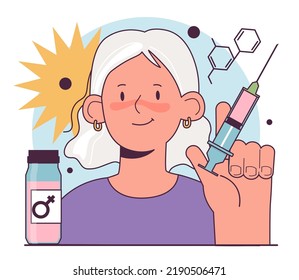 Hormone replacement therapy. Menopause treatment and support. Female climax syndrom due to hormonal change. Flat vector illustration