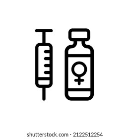 Hormone replacement therapy outline icon. Cure for menopause. Medication for female health. Pharmaceutical product in bottle. Drug in container. Medical aid. Vector illustration isolated on white.