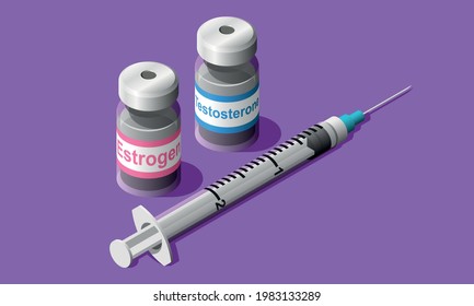 hormone replacement therapy vector illustration. bottles for intramuscular injection. Isometric concept.