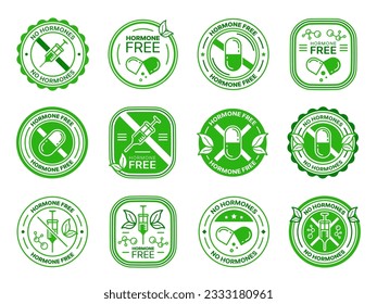 Hormone and steroids free icons. Organic farming, ecological safe food product round emblem, green label. Healthy nutrition without hormones, antibiotics and steroids vector sticker with pill, syringe