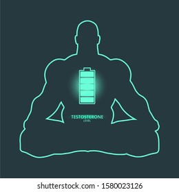 Hormone testosterone level measuring scale. Health care concept illustration. Muscular man sit in meditation pose silhouette.