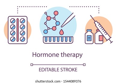 Hormone Therapy Concept Icon. Medical Treatment Idea Thin Line Illustration. Medicine, Pills, Medication. Birth Control, Menopause, Cancer. Vector Isolated Outline Drawing. Editable Stroke