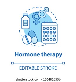 Hormone therapy concept icon. Medical treatment idea thin line illustration. Medicine, pills, birth control. Menopause, cancer, transgender medication. Vector isolated outline drawing. Editable stroke