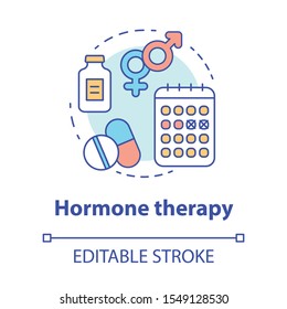 Hormone therapy concept icon. Pills idea thin line illustration. Medicine, medical treatment, birth control. Menopause, cancer, transgender medication. Vector isolated outline drawing. Editable stroke