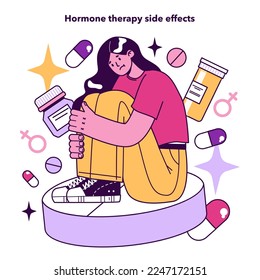 Efectos adversos de la terapia hormonal como desventaja de la fertilización in vitro. Tecnología moderna para el tratamiento de la infertilidad. Conos del procedimiento de embarazo artificial. Ilustración vectorial plana