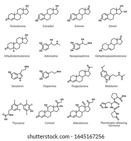 Hormones, chemical structures set. The hormone of internal secretion secreted by the adrenal glands, hypothalamus, ovaries, pituitary, pineal gland, etc, linear icons. Line with editable stroke