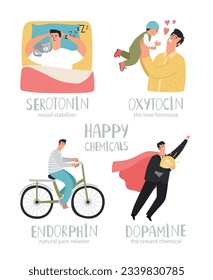 Hormones colorful vector illustrations. Mood stabilizer, love hormone, reward chemical, pain reliever. Endorphin dopamine oxytocin serotonin. Hormone health icon. Hormone health feeling