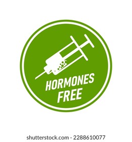 Icono libre de hormonas con jeringa, alimento natural y producto cárnico sin hormonas añadidas, símbolo vectorial. Icono sin hormonas para la carne orgánica de cerdo y pollo de la agricultura agrícola natural