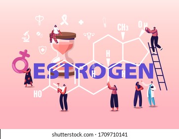Hormones Health Concept. Tiny Female Characters Patients and Doctor front of Huge Estrogen Formula. Diagnostics and Treatment. Girl on Hourglass Poster Banner Flyer. Cartoon People Vector Illustration