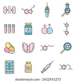 Iconos de hormonas establecidos. Conjunto de esquemas de hormonas vectoriales iconos de línea delgada plano sobre blanco