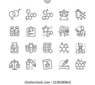 Hormone. Männliches weibliches Geschlecht. Laboratorium und Medizinbuch. Testosteron und Östrogen. Pixel Perfect Vector Thin Line Icons. Einfaches Minimal-Piktogramm