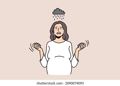 Hormones and pregnancy influence concept. Young pregnant woman standing crying feeling like raining depression and unhappiness crisis vector illustration 