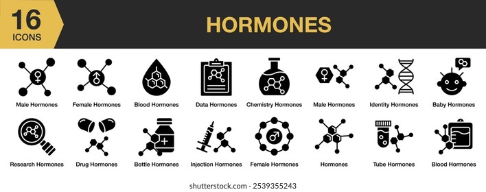 Conjunto de iconos sólidos de hormonas. Incluye tubo, investigación, macho, inyección, hembra, identidad y más. Colección de Vector de iconos sólidos.