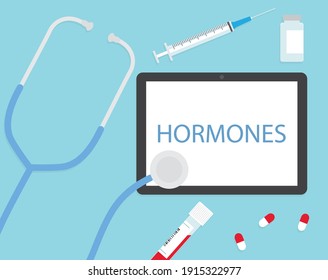 hormones written on tablet screen and stethoscope- vector illustration