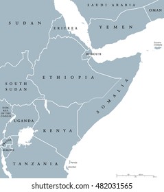 Horn of Africa peninsula countries political map with national borders and the biggest lakes. East Africa, in ancient times Land of the the Berbers. English labeling and scaling. Illustration on white