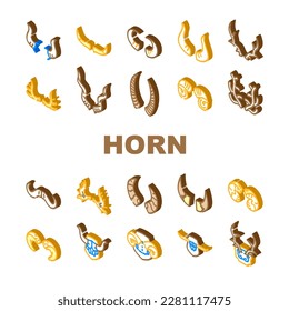 horn animal head wild icons set vector. wildlife deer, nature antelope, cow horned, ram bull, bon, moose, silhouette mammal horn animal head wild isometric sign illustrations