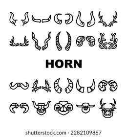 horn animal head wild icons set vector. wildlife deer, nature antelope, cow horned, ram bull, bon, moose, silhouette mammal horn animal head wild black contour illustrations