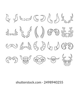 horn animal head wild icons set vector. wildlife deer, nature antelope, cow horned, ram bull, bon, moose, silhouette mammal horn animal head wild black contour illustrations