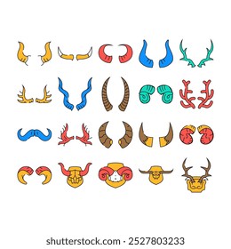 horn animal head wild icons set vector. wildlife deer, nature antelope, cow horned, ram bull, bon, moose, silhouette mammal horn animal head wild color Contour Illustrations