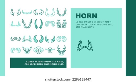 horn animal head wild landing web page header vector. wildlife deer, nature antelope, cow horned, ram bull, bon, moose, silhouette mammal horn animal head wild color line illustrations