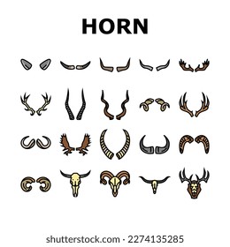 horn animal wildlife nature icons set vector. horned head, cow mammal, bull deer, antelope bone, black trophy, ram horn animal wildlife nature color line illustrations