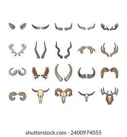 los iconos de la naturaleza de la fauna animal de cuerno establecen el vector. cabeza de cuerno, mamífero de vaca, ciervo toro, hueso antílope, trofeo negro, bocina de bocina animal salvaje de la naturaleza ilustraciones de la línea de color