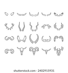 los iconos de la naturaleza de la fauna animal de cuerno establecen el vector. cabeza de cuerno, mamífero de vaca, ciervo toro, hueso antílope, trofeo negro, bocina de bocina animal salvaje naturaleza contorno negro ilustraciones