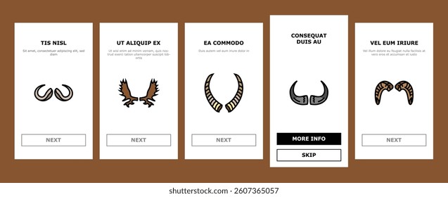 horn animal wildlife nature onboarding mobile vector. horned head, cow mammal, bull deer, antelope bone, black trophy, ram horn animal wildlife nature Illustration