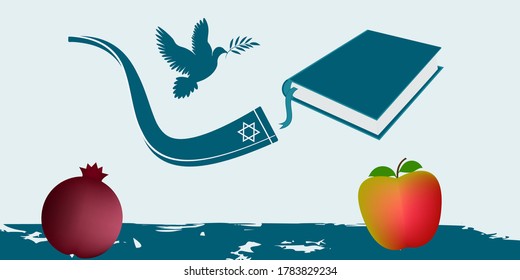 Horn, book, dove with laurel branch, pomegranate, red apple - vector. Rosh Hashanah, Jewish New Year, Yom Kippur. Banner horizontal