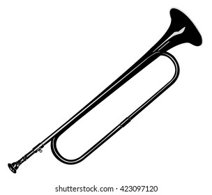 Horn.The brass pipe instrument. Black - white vector illustration. Isolated object.