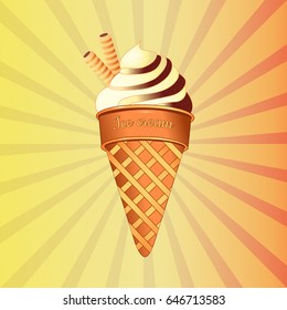 Horn with chocolate ice cream  on a colored background. Vector illustration. Banner, label, packaging, advertising ice cream.