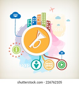 Horn and city mark on abstract colorful watercolor background with different icon and elements.