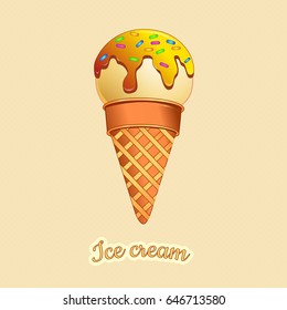 Horn with creamy ice cream with caramel syrup on a colored background. Vector illustration. Banner, label, packaging, advertising ice cream.