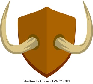 Horn of deer and bull. Hunting trophy. Wall decoration element. Old tusk on wooden board. Part of the stag animal head. Brown shield. Flat cartoon illustration