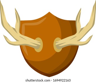 Horn of deer. Hunting trophy. Wall decoration element. Old catch on wooden board. Part of the stag animal head. Medieval Brown shield. Flat cartoon illustration