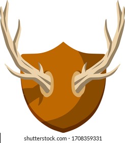 Horn of deer. Hunting trophy. Wall decoration element. Old catch on wooden board. Part of the stag animal head. Medieval Brown shield. Flat cartoon illustration