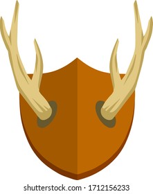 Horn of deer. Hunting trophy. Wall decoration element. Old catch on wooden board. Part of the stag animal head. Medieval Brown shield. Flat cartoon illustration